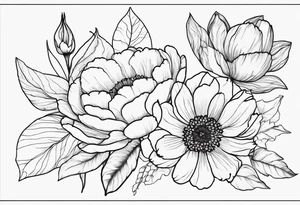 peony, calendula, sunflower, tulip, cherry blossom, ginko leaf tattoo idea