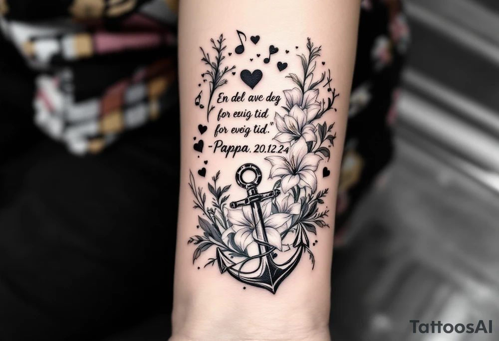 make a quote that says "En del av deg for evig tid" "Pappa, 20.12.24" Surrounded by gladiolus, music notes, hearts and an anchor tattoo idea