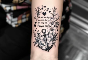 make a quote that says "En del av deg for evig tid" "Pappa, 20.12.24" Surrounded by gladiolus, music notes, hearts and an anchor tattoo idea