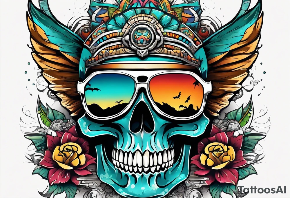 Colorful Mayan skull wearing sunglasses with bats water and cave tattoo idea