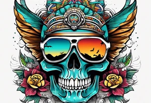 Colorful Mayan skull wearing sunglasses with bats water and cave tattoo idea