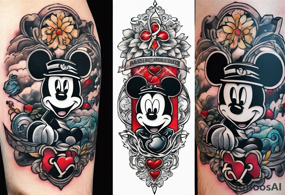 Tattoo full left arm with a collage of  a medicine caduceus and a mickey mouse silhouette tattoo idea