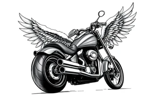 Low rider grey motorcycle, big muffler pipes with flames, angel wings, driving away, no person tattoo idea
