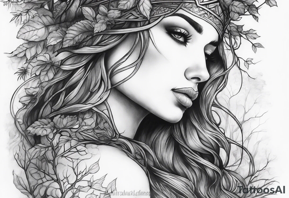 Forest goddess looking down side profile tree branches forming into her face middle arm sleeve tattoo idea