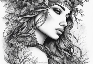 Forest goddess looking down side profile  tree branches forming into her face middle arm sleeve tattoo idea