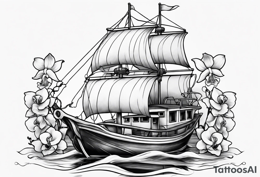A boat anchor and orchids tattoo idea