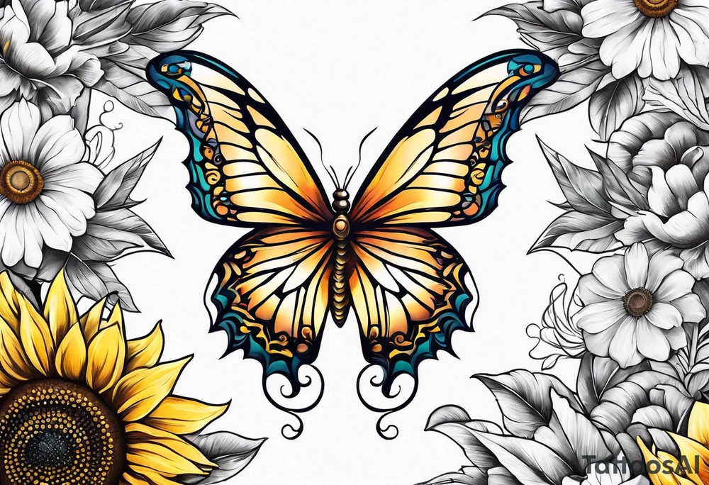 Sleeve with angel wings, sunflower and butterfly tattoo idea