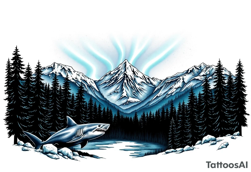 forest mountains under the northen lights with sharks tattoo idea