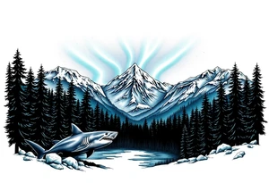 forest mountains under the northen lights with sharks tattoo idea