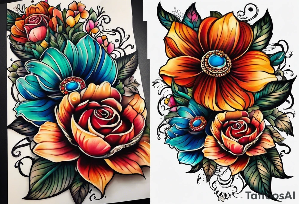 Floral leg piece with beading and lace tattoo idea. colorful, old school flowers, highly detailed, florals. tattoo idea