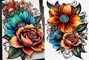 Floral leg piece with beading and lace tattoo idea. colorful, old school flowers, highly detailed, florals. tattoo idea