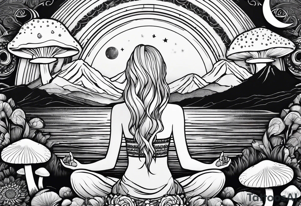 Straight blonde hair girl meditating facing away toward mountains surrounded by mushrooms crescent moon mandala circular design black and white striped dress tattoo idea