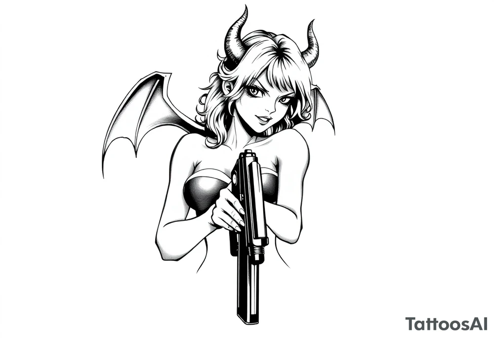 angry succubus holding gun, anime tattoo idea