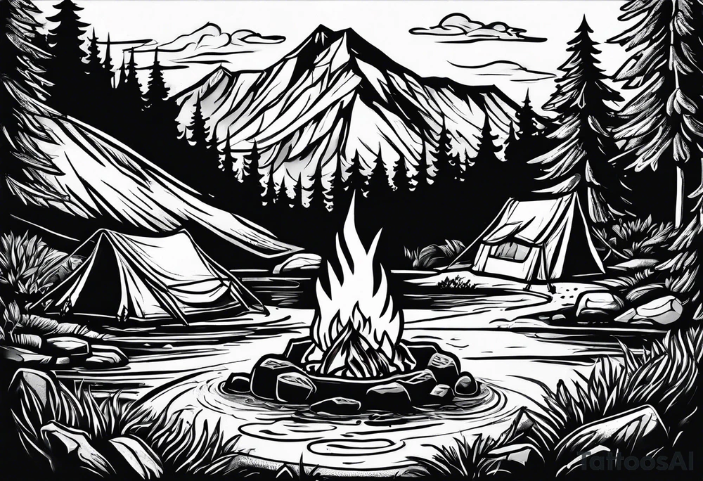 small camp fire at the base of a mountain tattoo idea
