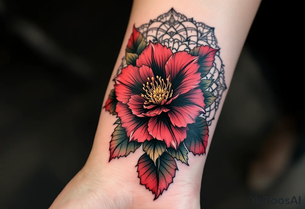 red  and black rhododendron trippy with mandala behind tattoo idea
