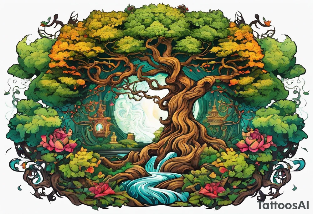 The deity Pan is entwined in a tree which is a portal in a other dimension tattoo idea