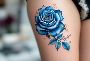 Baroque-style blue rose, rich cobalt petals with golden ornamental swirls and vines around it. tattoo idea