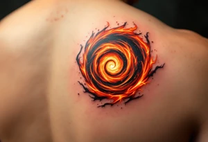 A fiery orange and crimson spiral resembling a burning vortex, symbolizing transformation. tattoo idea