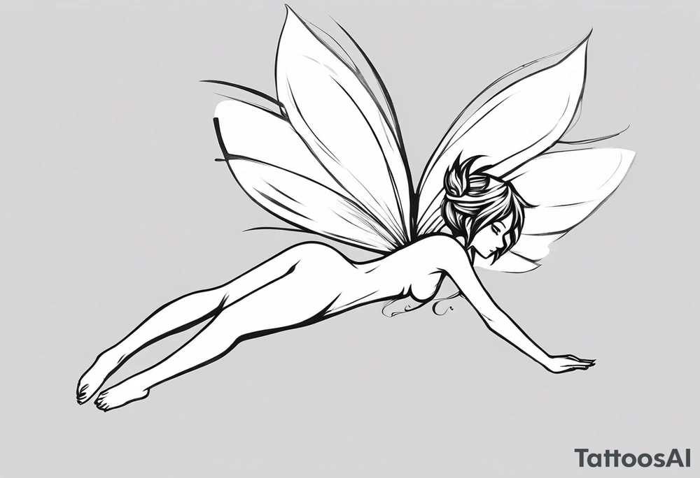 No color sideways sketch of a fairy with a tail inspired by the guild symbol in the anime show called Fairy Tail in a fetal position leaning forward while crawled in with hands a bit forward and her body is an angle while floating in the air with big wings tattoo idea