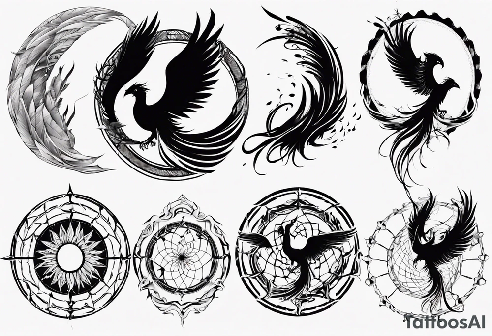 Vertical open mouthed flying Phoenix in circle with abstract dream catcher tail tattoo idea