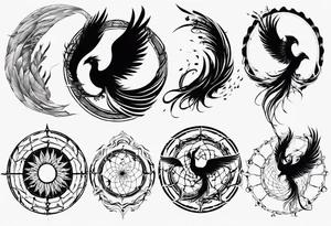 Vertical open mouthed flying Phoenix in circle with abstract dream catcher tail tattoo idea