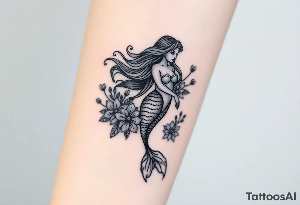 ethereal mermaid with flowing hair among coral and sea flowers tattoo idea
