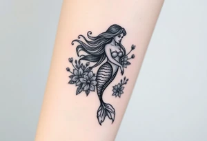 ethereal mermaid with flowing hair among coral and sea flowers tattoo idea