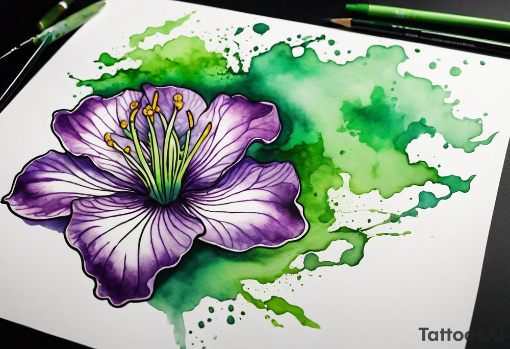 A mystical outline of a green and purple rio dipladenia flower and a green and purple watercolor splash in the background tattoo idea
