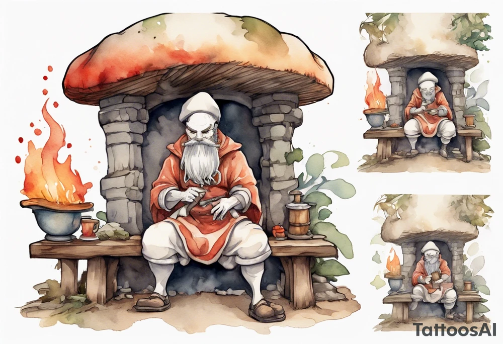 a mushroom-creature with a beard wearing a medieval tunic sitting on a bench by a fireplace drinking from a wood cup, happy tattoo idea