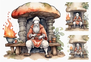 a mushroom-creature with a beard wearing a medieval tunic sitting on a bench by a fireplace drinking from a wood cup, happy tattoo idea
