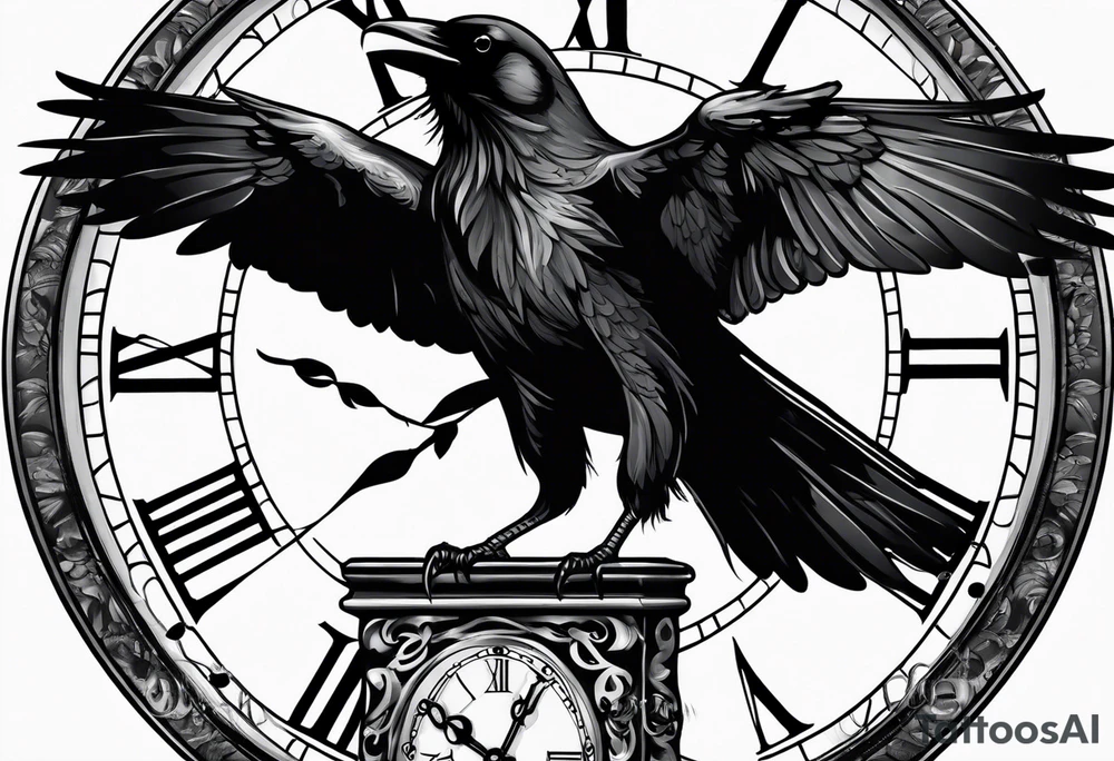 raven perched on clock tattoo idea