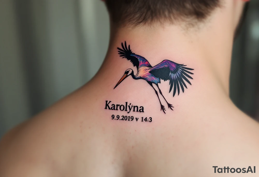 Stork silhouette flying above name Karolína  and numbers "9.9.2019 v 14:10", inked in subtle muted tones. tattoo idea