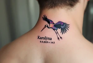 Stork silhouette flying above name Karolína  and numbers "9.9.2019 v 14:10", inked in subtle muted tones. tattoo idea