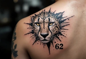 cheetah with the number 62 incorporated in its fur around the dots tattoo idea