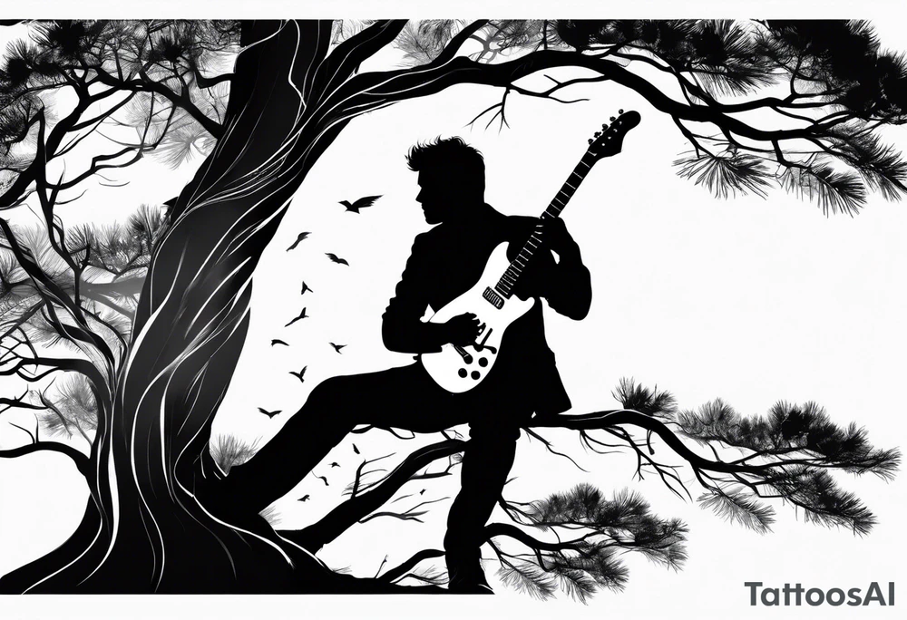 silhouette of a man playing electric guitar while sitting in a pine tree. tattoo idea