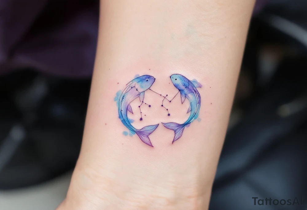 A delicate watercolor Pisces constellation tattoo in soft blues and purples symbolizes the dreamy essence of the zodiac sign. tattoo idea
