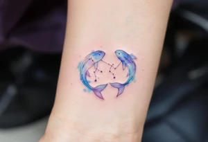 A delicate watercolor Pisces constellation tattoo in soft blues and purples symbolizes the dreamy essence of the zodiac sign. tattoo idea