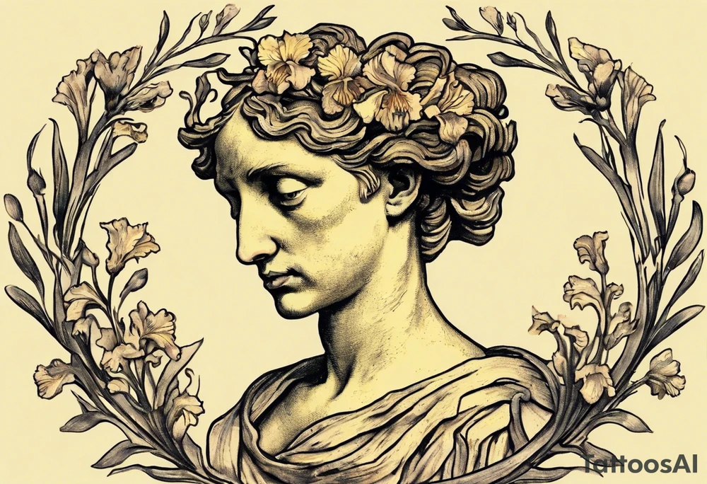 Create a colorful Vincent van Gogh Irises tattoo with an ancient Greek female statue in the middle. The tattoo should take the form of a crescent, with vines gracefully intertwining at a central point in the middle of the wreath.  The intended placement is on the upper chest. The overall design should be small in size while maintaining a delicate and artistic aesthetic. Pay attention to the graceful flow of the vines and the placement of the irises to achieve a refined and elegant look. tattoo idea