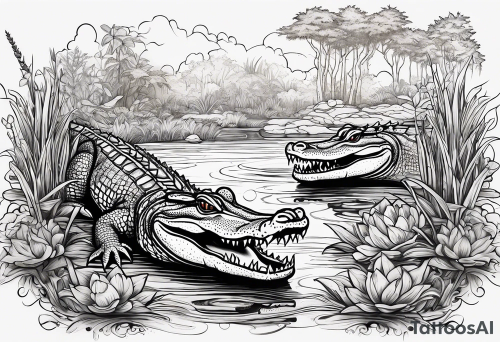 Louisiana swamp scene with large alligator and small alligator tattoo idea