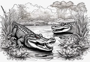 Louisiana swamp scene with large alligator and small alligator tattoo idea