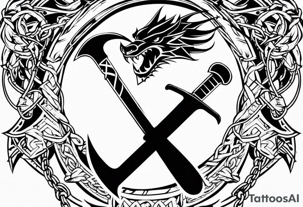 Valhalla sword shield dragon axe Valknut barbed wire chains tribal tattoo idea Valhalla sword shield dragon axe Valknut barbed wire chains tribal tattoo idea