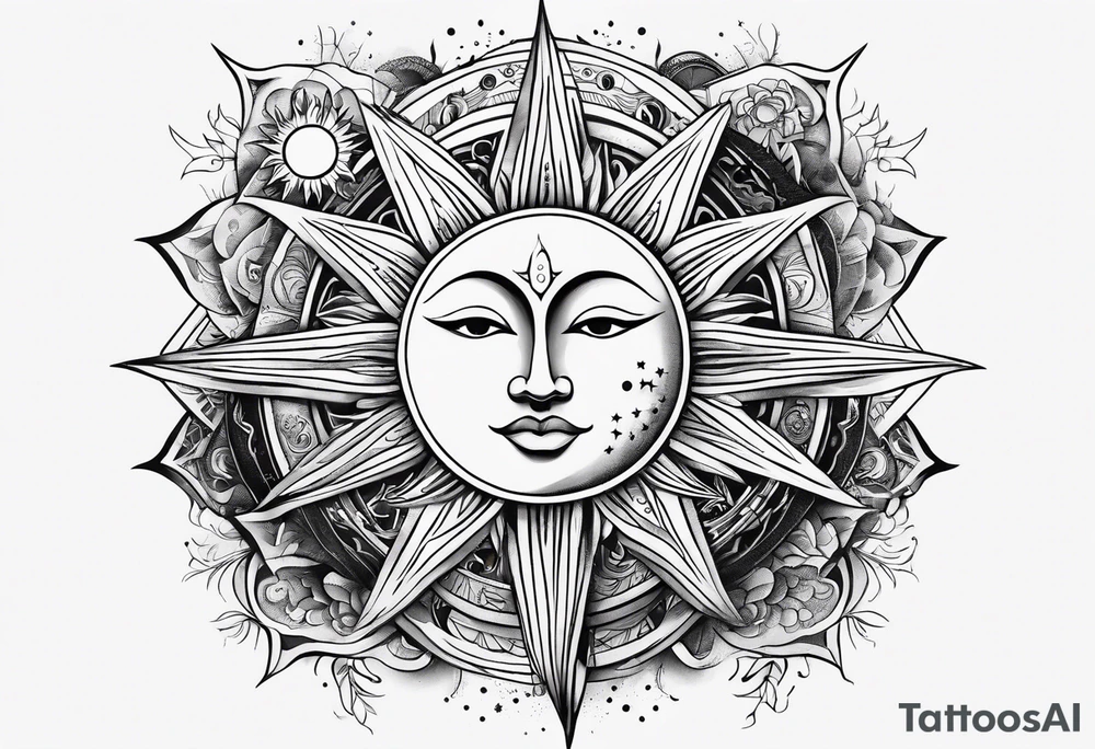 sun, moon and weird symbols tattoo idea