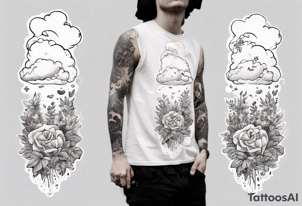 a forearm tattoo with a cloud with little plants and underneath it the date 12.08.05 tattoo idea