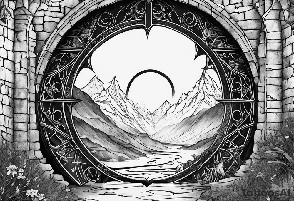 Lord of the rings and Harry Potter movie mashup. Small and simple. Hobbit door hole, wands, elvish writing, deathly hallows tattoo idea