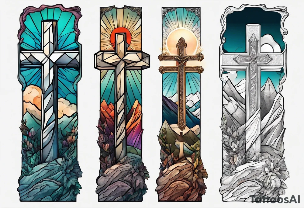 hand reaching through the cross of Christ in the mountains tattoo idea