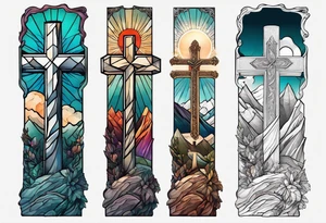 hand reaching through the cross of Christ in the mountains tattoo idea