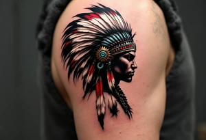 A warrior silhouette in black, wearing a feathered headdress with red, white, and turquoise accents. tattoo idea