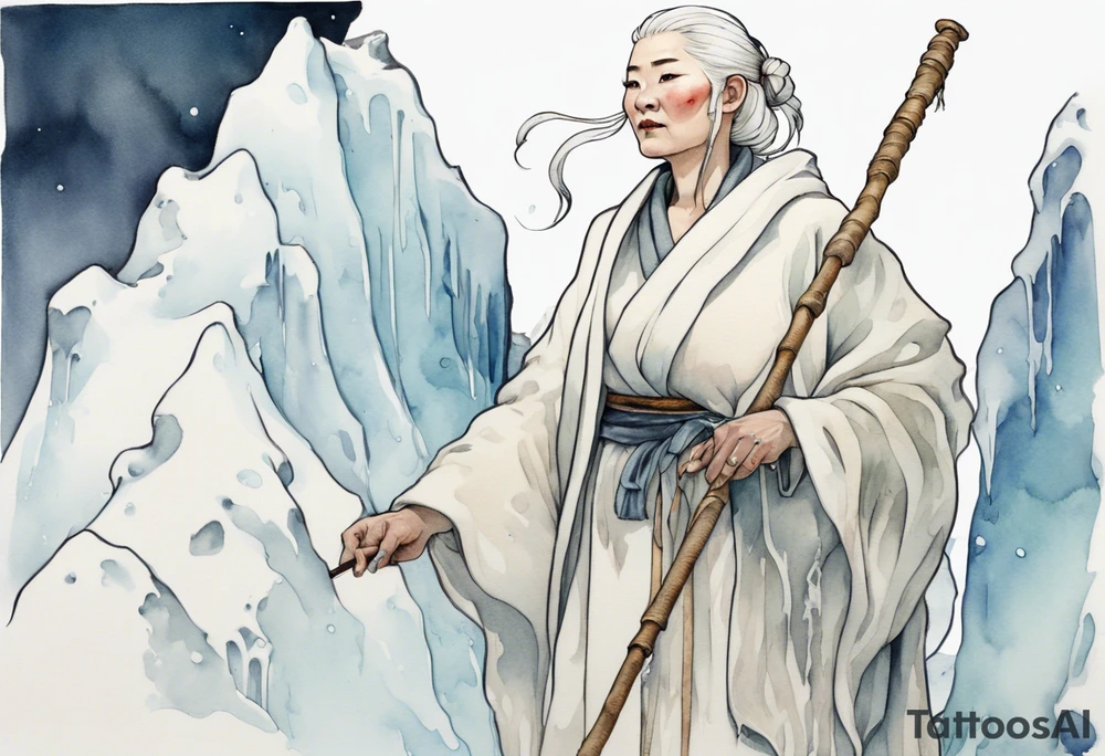 a 40 year old Sami woman with white hair and a white robe holding a long ivory staff, standing on an iceberg tattoo idea