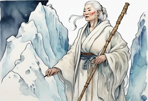 a 40 year old Sami woman with white hair and a white robe holding a long ivory staff, standing on an iceberg tattoo idea