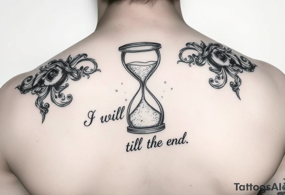 A broken hourglass what the sand transforming into hards with the words I will ride till the end. tattoo idea